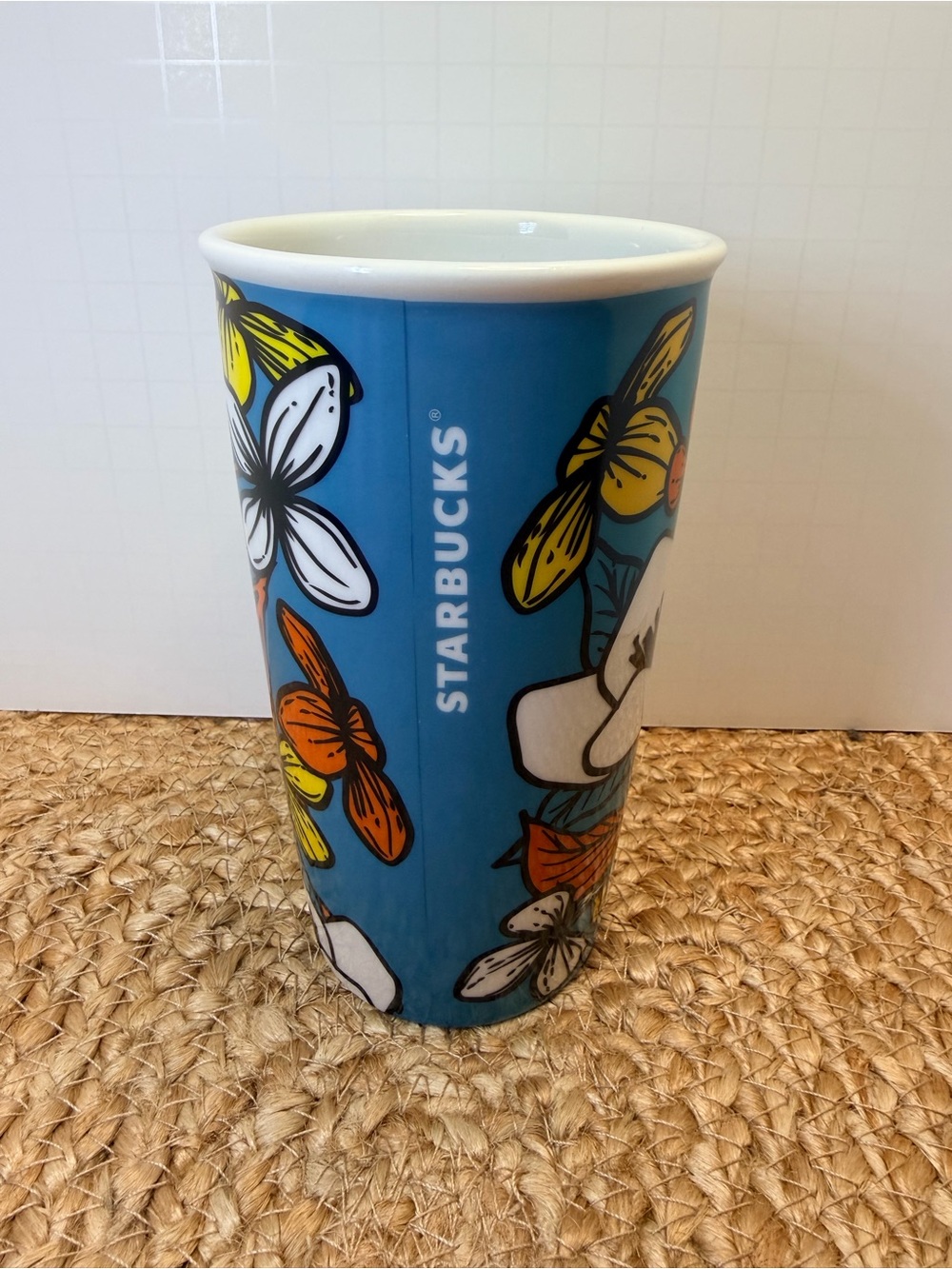 Starbucks Blue Floral Ceramic Travel Mug with Colorful Blooms